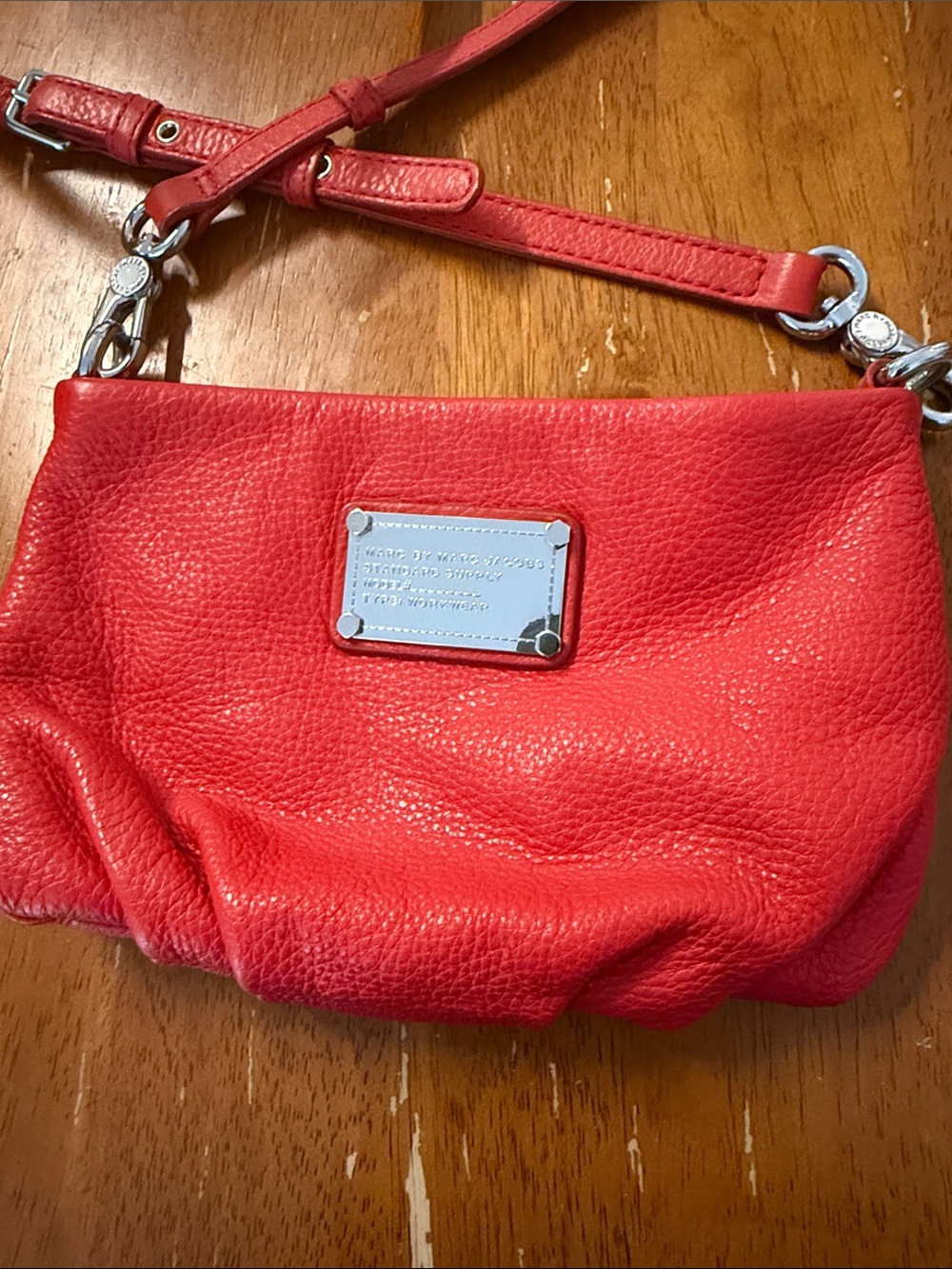 Marc Jacobs Red Leather Crossbody Bag with Silver Plaque
